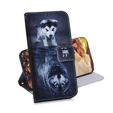 Imagem de MojieRy Capa carteira para celular para Samsung Galaxy J3 {Ver.1}, capa fina de couro PU premium para Galaxy J3, 2 compartimentos para cartão, capa agradável, lobo e cachorro