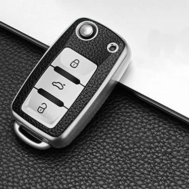 Imagem de YJADHU Capa de chave de carro TPU masculina feminina, apto para Volkswagen VW 4 5 6 Bora Jetta Polo Passat B5 B6 Skoda Octavia Fabia SEAT Ibiza Leon, prata