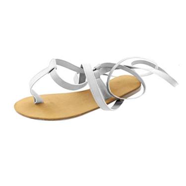Imagem de Sandálias femininas de verão com tira aberta no dedo do pé romano sandálias planas sapatos tamanho grande sandálias de salto baixo para mulheres largas (prata, 6)