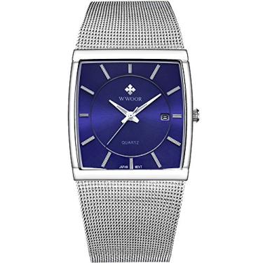 Imagem de Relógio masculino simples slim analógico de quartzo à prova d'água com pulseira de malha de aço inoxidável, casual, relógios de pulso, Silver Square