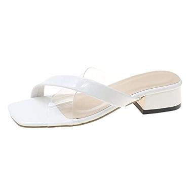 Imagem de Sandálias femininas modernas de verão salto grosso salto baixo bico quadrado transparente cor sólida estilo casual sandálias de tecido femininas (branco, 38)