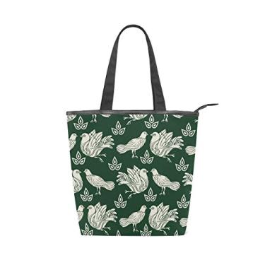 Imagem de Bolsa feminina de lona durável pombas verde grande capacidade sacola de compras bolsa de ombro