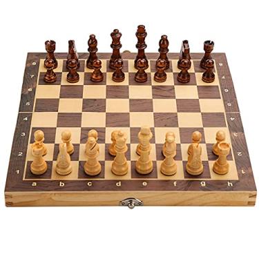 Imagem de Yasorn Jogo de xadrez dobrável Jogo de tabuleiro de xadrez magnético de madeira com peça de xadrez artesanal / slots de armazenamento para crianças e adultos iniciante