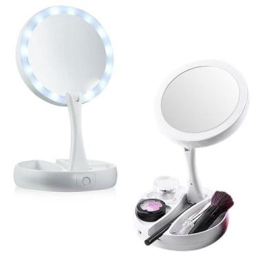 Imagem de Espelho Luz C/ Led Dobrável Aumenta Zoom 10X Maquiagem Camarim Portáti