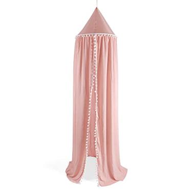 Imagem de Dossel redondo de algodão para cama, bolas fofas, altura de 94,5 pol. Tenda infantil, rede mosquiteira para quartos, berços, decoração, presentes (rosa)