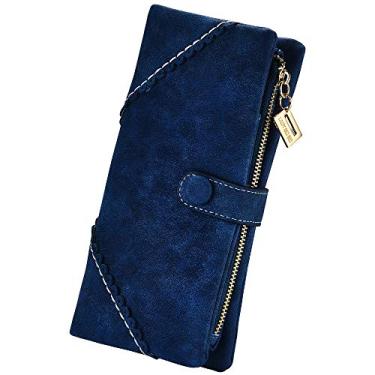 Imagem de Carteira feminina de couro vegano, bolsa de mão dobrável com fivela organizadora de cartões de grande capacidade para meninas, cor doce, Azul marinho, Large, Carteira feminina dobrável