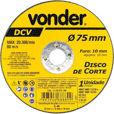 Imagem de Vonder, Disco De Corte 75 Mm X 1,4 Mm X 10 Mm Dcv.