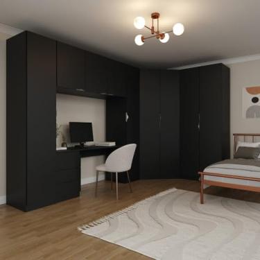 Imagem de Guarda Roupa Modulado de Canto 9 Portas 5 Peças com Escrivaninha Hera Cabecasa Madeiramadeira Preto/cromado