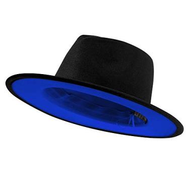 Imagem de jingsha Chapéus Fedora para homens e mulheres Chapéu Panamá de feltro Fedora de aba larga com fivela de cinto, Preto-azul royal (interior), G