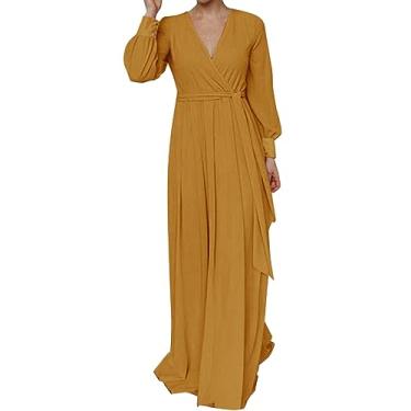 Imagem de UIFLQXX Vestido longo feminino plus size outono manga longa cor sólida decote em V vestido de noite com cinto, Amarelo, G
