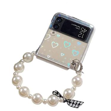 Imagem de Capa para Motorala Razr 2023 Bling Glitter Bonito Coração Laser Design Feminino, Elegante Transparente Rígido PC Traseira com Contas Pérola Pingente Alça para Celular Capa para Moto Razr 2023 para