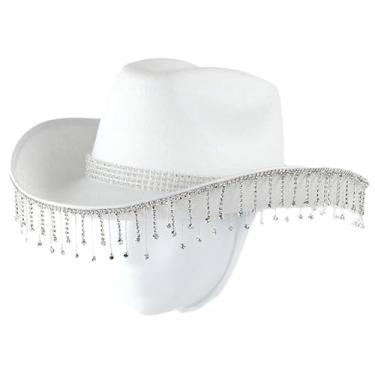 Imagem de Stebcece Chapéu de vaqueira de strass com franja de despedida de solteira para fantasia feminina, Jeans branco com branco, M-G