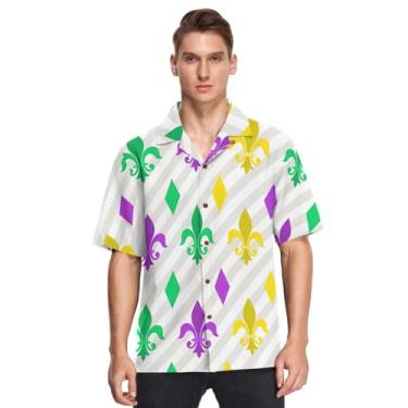Imagem de Camisa masculina havaiana de botão manga curta Mardi Gras lírio francês roxo verde amarelo estampado camisa de Playa para, Flor de Lis Flores Carnaval Roxo Carnaval, GG