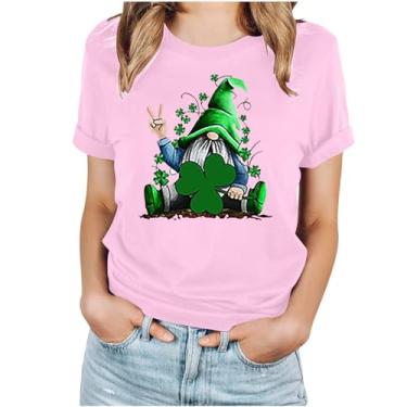 Imagem de Camisa engraçada do dia de São Patrício feminina camisa de gnomo do dia de São Patrício blusas de manga curta para mulheres camisetas de cruzeiro 2024, Camisetas femininas Pink St Patricks Day, 3G