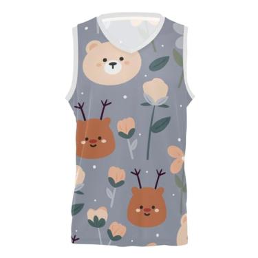 Imagem de KLL Camiseta masculina de basquete atlética marrom com urso de desenho animado, cervo e flor, camisa de basquete para casa e fora da cidade, Urso de desenho animado, veado e flor, marrom, XXG