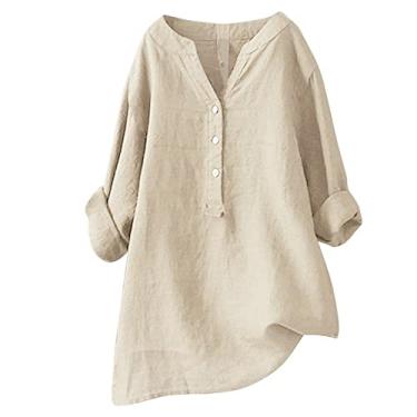 Imagem de Camisa feminina de linho de algodão com botões cor sólida solta plus size camisa social gola V manga longa feminina verão tops, 1a1 - bege, GG