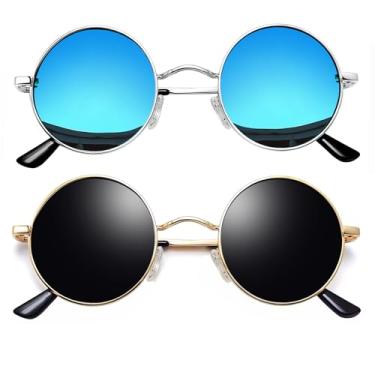 Imagem de Óculos de Sol Joopin Redondos Femininos e masculinos Polarizados, Pequeno Círculo Hippie Vintage Retrô Steampunk Armação de Metal com proteção UV (Ouro Preto + Azul)