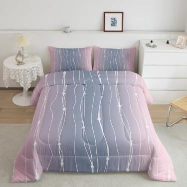 Imagem de Jogo de cama king rosa e cinza, para meninas, com estampa geométrica, abstrato, com estampa de ondas, obra de arte estética moderna, decoração de casa