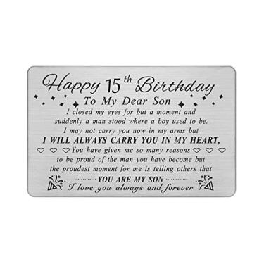 Imagem de DEGASKEN Decorações de aniversário de 15 anos para meninos, cartão de aniversário de 15 anos para meninos, presente feliz aniversário de 15 anos para filho, cartão de carteira gravado em metal