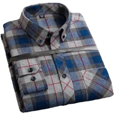 Imagem de Camisa social masculina plus size para lazer masculina algodão lixado flanela quente casual manga longa gola xadrez, Algodão 9920, M