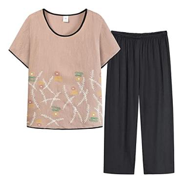 Imagem de Conjunto feminino loungewear feminino novo floral de bolinhas estampado médio e idoso algodão seda camiseta manga curta, Bege, 4X-Large