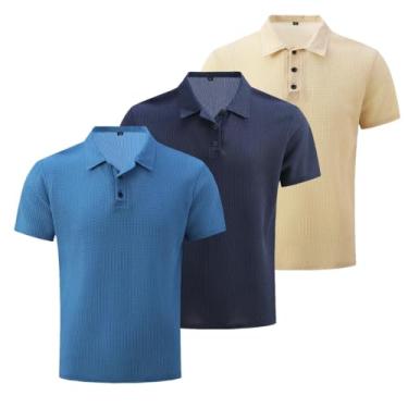 Imagem de 3 peças/conjunto de malha confortável camisa masculina elástica manga curta lapela golfe camiseta verão ao ar livre, presente para homens, Azul + azul marinho + damasco, M