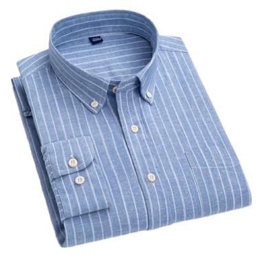 Imagem de Camisa xadrez casual de linho de algodão masculina respirável verão manga longa roupas listradas com bolso frontal, T0c18-07, GG