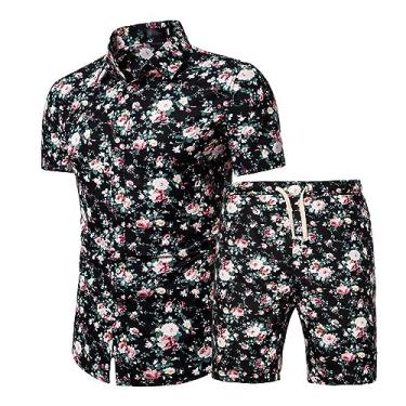 Imagem de Conjunto de shorts havaianos com estampa tropical masculina, 2 peças, camisetas polo atléticas com ombro caído, Cor 1, 5X-Large