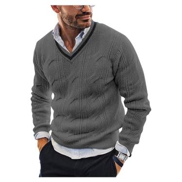 Imagem de Suéter masculino com estampa torcida fina camada base gola V pulôver tricotado camada base borda canelada tricotado, Cinza, G