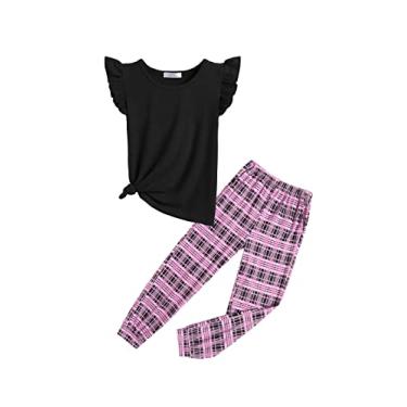 Imagem de Arshiner Conjunto de 2 peças para meninas, primavera, verão, com acabamento de babados, camiseta regata e calça com bolsos, Xadrez preto e rosa, 12-13 Anos