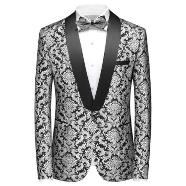 Imagem de Rogers & Morris Casaco masculino xale smoking blazer floral estampa barroca casaco social, Prata, X-Large