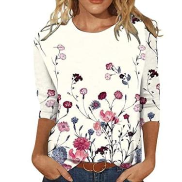 Imagem de Ufehaho Camisetas femininas de manga 3/4 de comprimento floral de algodão com estampa floral e gola redonda blusas casuais modernas, Floral selvagem, XXG