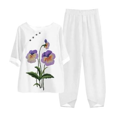 Imagem de Conjunto feminino de duas peças com mangas de linho de algodão, ajuste solto, camisa de conscientização de Alzheimer e conjunto de perna larga, Branco, 3X-Large