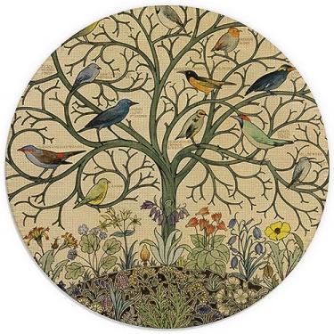 Imagem de Pássaros em pé árvore flor à prova d'água pequeno mouse pad redondo 7,9 x 7,9 polegadas, base de borracha antiderrapante tapete de mouse decorativo para jogos para acessórios de escritório decoração de mesa para casa, presente para irmã, colega de trabalho