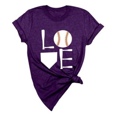 Imagem de Duobla Camiseta feminina de beisebol estampada moderna verão casual tops soltos manga curta camiseta básica bonita 2024 moda, Roxa, 3G