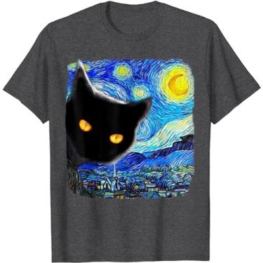 Imagem de Camiseta unissex com estampa de gato Starry Night Cat, Van Gogh Cat Art Lover, Cat Mom Dad, Cinza, G