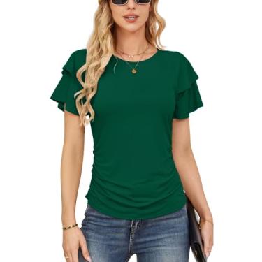 Imagem de GRACE KARIN Camisetas femininas básicas de verão 2024 manga com babados elegantes blusas casuais de trabalho franzidas, Verde escuro, P