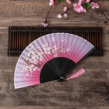 Imagem de YQHWLKJ Ventilador dobrável estilo chinês vintage, ventiladores de mão de pano de bambu, decoração de casa, presentes de casamento, festa de dança, ventiladores portáteis