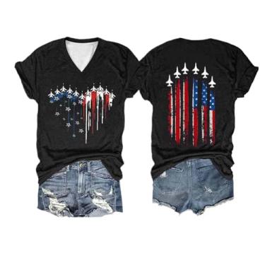 Imagem de Camiseta feminina de 4 de julho com bandeira dos EUA, Dia da Independência, túnica com estampa de coração patriótico, blusa de manga curta e gola V, Preto, G