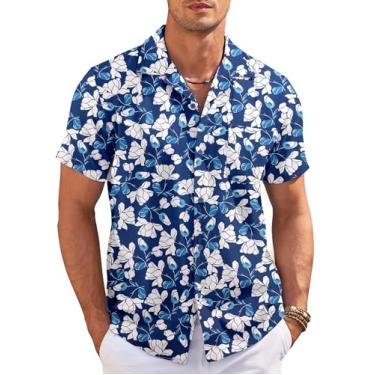 Imagem de COOFANDY Camisetas masculinas casuais de botão de manga curta verão férias cubanas na praia, Floral azul marinho, 3G