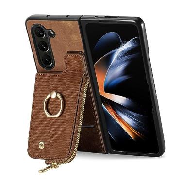 Imagem de HAO RIYLN Capa flip para smartphone para Samsung Galaxy Z Fold 6, capa de telefone carteira de couro com zíper slot para cartão capa de suporte de metal, marrom, Z Fold 6