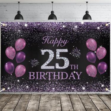 Imagem de JOYKY Banner de feliz aniversário de 25 anos, roxo, decorações de festa de 25 anos para mulheres, decoração de pano de fundo de suprimentos de aniversário de 25 anos, 15 x 9 metros