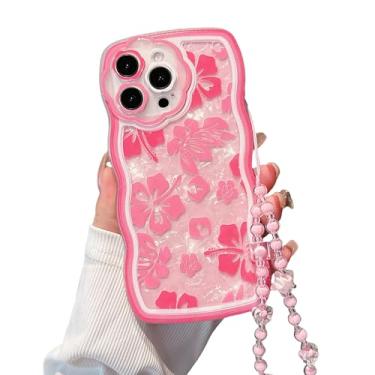 Imagem de FXFOOT Capa para iPhone 14, [Borda ondulada encaracolada confortável aderente] [3 em 1 com pulseira de pulseira de contas e cartolina cintilante] Padrão de flores de hibisco rosa estético para