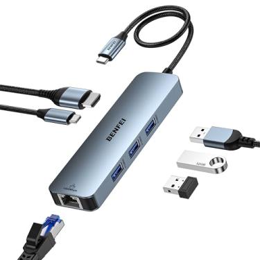 Imagem de BENFEI HUB USB C 6 em 1 com HDMI (4 K @ 60 Hz), Gigabit Ethernet, 100 W Power Delivery 3 * USB 3.0, cabo de silicone, capa de alumínio compatível com iPhone 15 Pro/Max, MacBook, iPad Pro, iMac, S23,