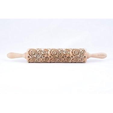 Imagem de Rolo de massa em relevo com padrão floral folk para assar biscoitos gravados tamanho grande 43 cm