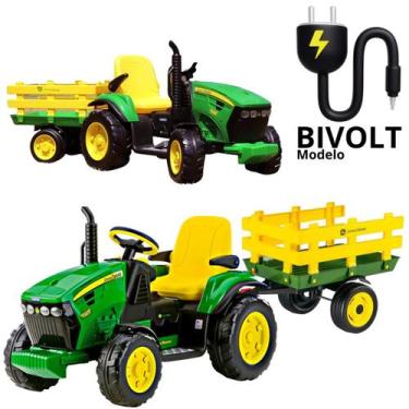 Imagem de Trator Infantil Elétrico Criança Carrinho Com Carretinha John Deere PE