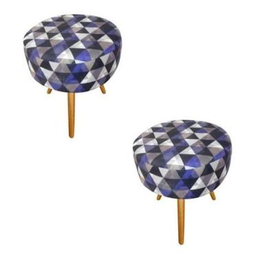 Imagem de Kit 02 Puffs Redondo Suede Estampado Triângulo Roxo Pés Palito - Estof
