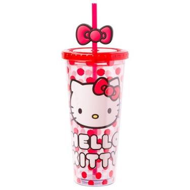 Imagem de Silver Buffalo Copo frio de plástico Hello Kitty Face And Dots Red 680 g com tampa e canudo