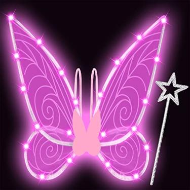 Imagem de U-Goforst Light Up Fairy Wings for Adults- Butterfly Wings for Girls Women Kids, Halloween Costume Cosplay Dress Up, Sparkly LED Wings with Wand, Pink with Pink Light