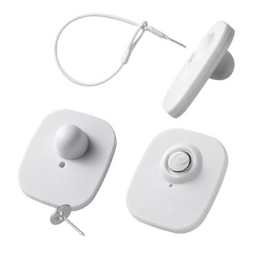 Imagem de 250 peças etiquetas de segurança de roupas rígidas 8,2 MHz frequência RF, etiqueta EAS de roupas de segurança de varejo branca com 250 pinos e 100 peças de cordões